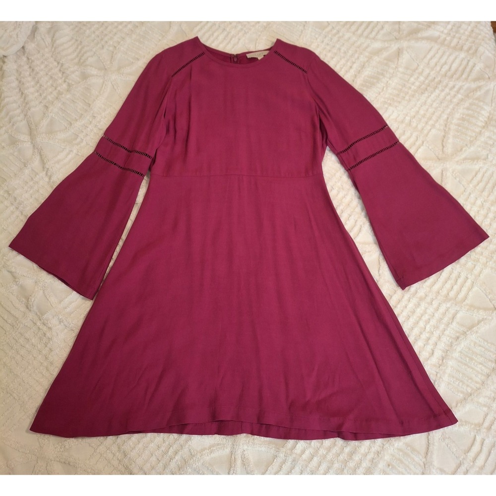 LOFT Womens 6 Fit & Flare Dress‎ Magenta Bell Sleeve Ladder Lace Crochet Trim